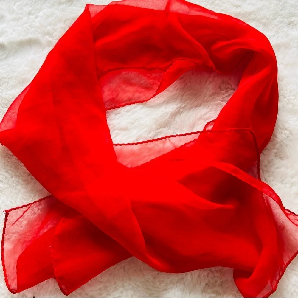 45”x14” VINTAGE OBLONG SHAPED RED WOMEN'S SCARF IN CHIFFON